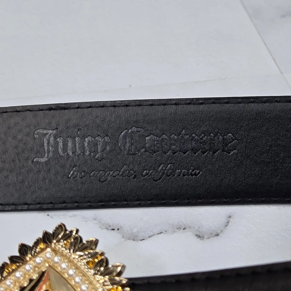 Juicy Couture Belt Womens Large Black Gold Heart Buckle Pearl Detail Fashion